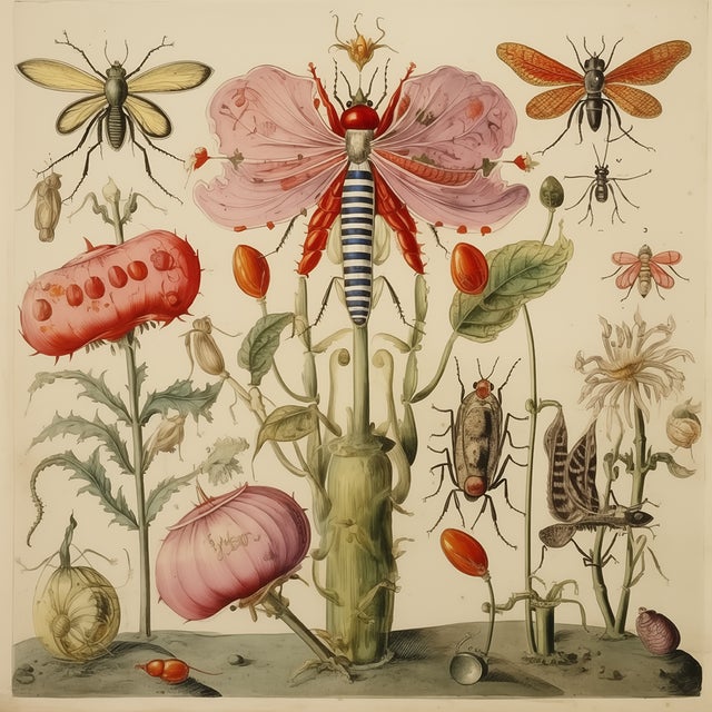 Insects and Flowers – Natural History Fine Art Print This captivating fine art print reproduces a richly detailed natural...