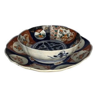 Antique Japanese Imari Bowl & Plate: Edo Period Floral Decor For Sale