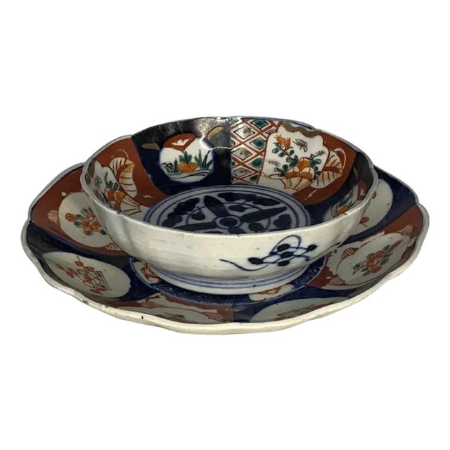 Antique Japanese Imari Bowl & Plate: Edo Period Floral Decor For Sale