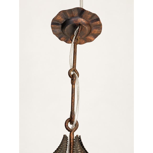 1950s Spanish Copper-Plated Iron Leaf Pendant With Opaline Glass Globe For Sale - Image 10 of 12