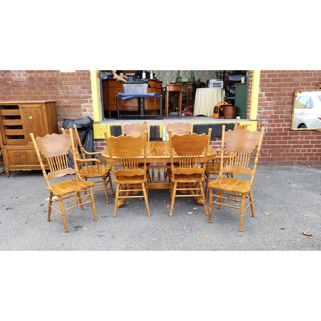 1990s Oak Trestle Kitchen Table W 2 Leaves 8 Press Back Dining
