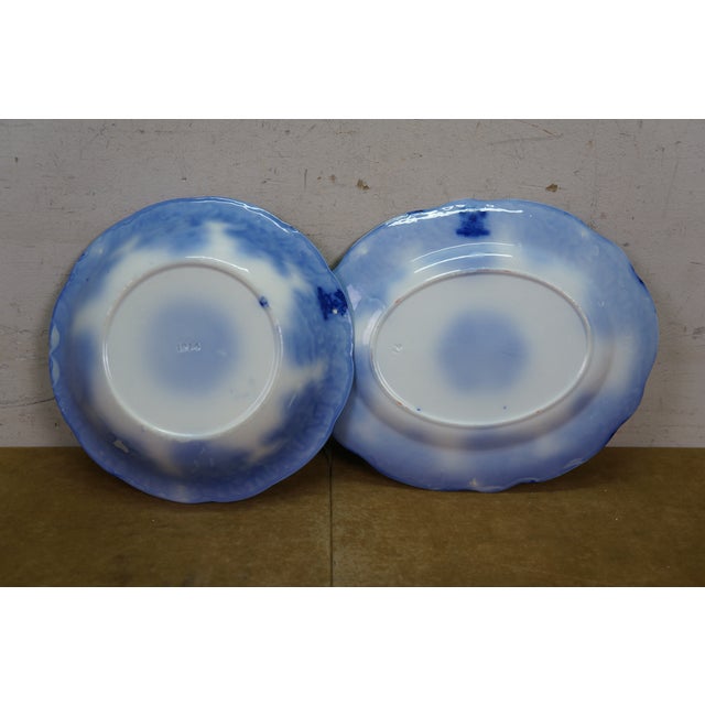 5 Pc Antique New Wharf Pottery Waldorf Flow Blue Porcelain Dinnerware Bowl Plate For Sale - Image 17 of 17
