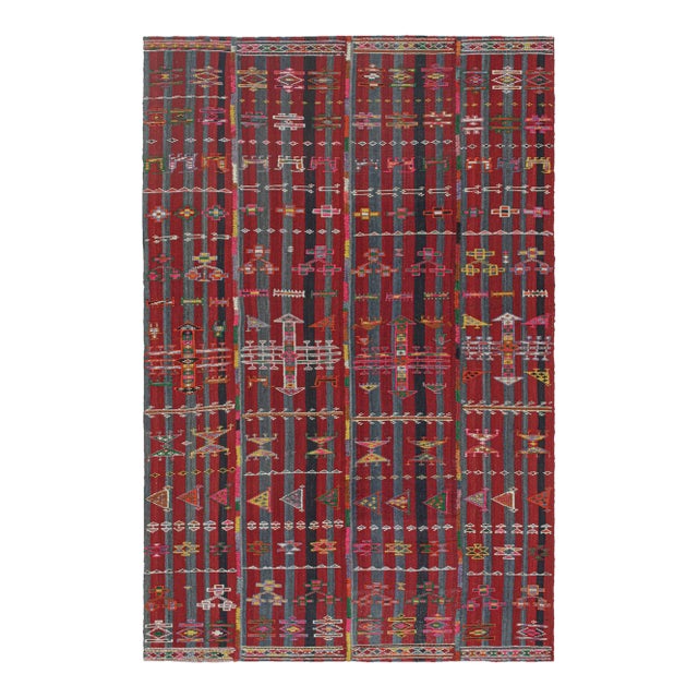 1950s Vintage Shahsavan Persian Kilim in Red and Blue Stripes With Multicolor Patterns For Sale
