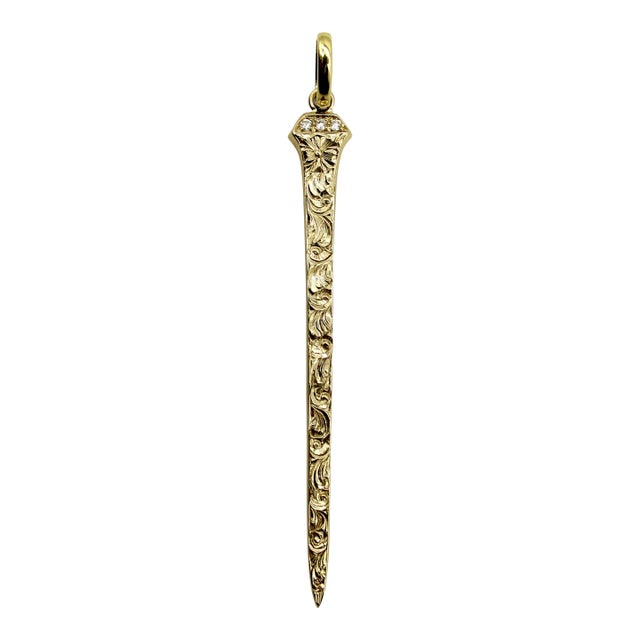 14k Gold Hand Engraved Lucky Nail Pendant With Diamonds For Sale