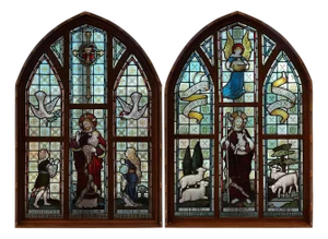Pair Of Large Antique Architectural Religious Stained Glass Windows