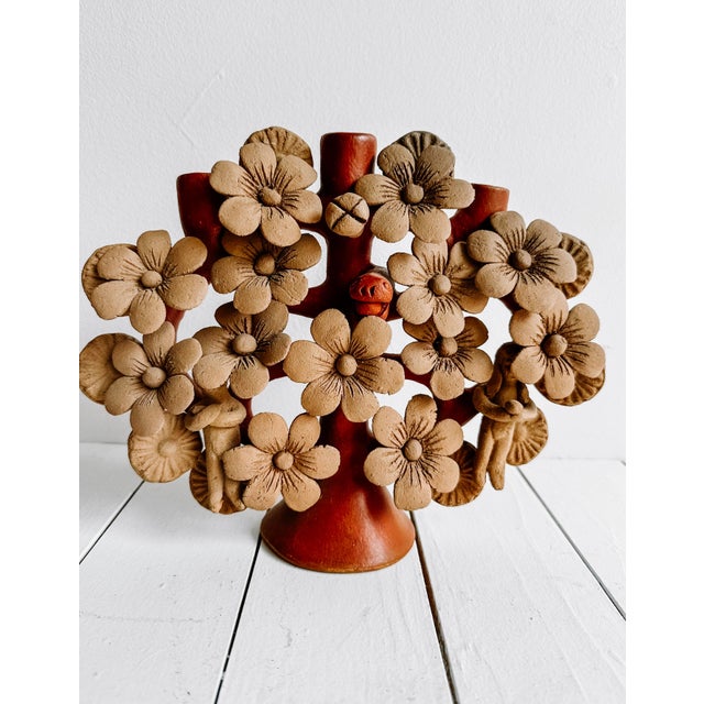 Vintage red terra-cotta clay three light candelabra. Both glazed and unglazed depicting the tree of life. Adam, Eve and...