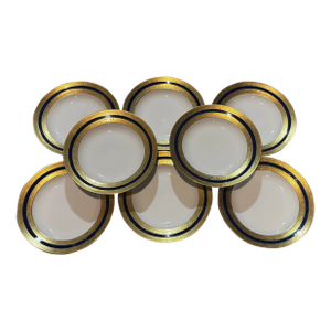 Early 20th Century A. Lanternier & Co. Limoges Cobalt Blue and Heavily Gilded Gold Trim Rim Soup Bowls- Set of 8
