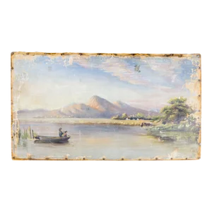 19th Century Rustic Oil on Canvas Landscape Painting With Fishermen