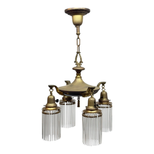 1930’s Pan Light Stamped Brass Hanging Fixture With Shower Shades