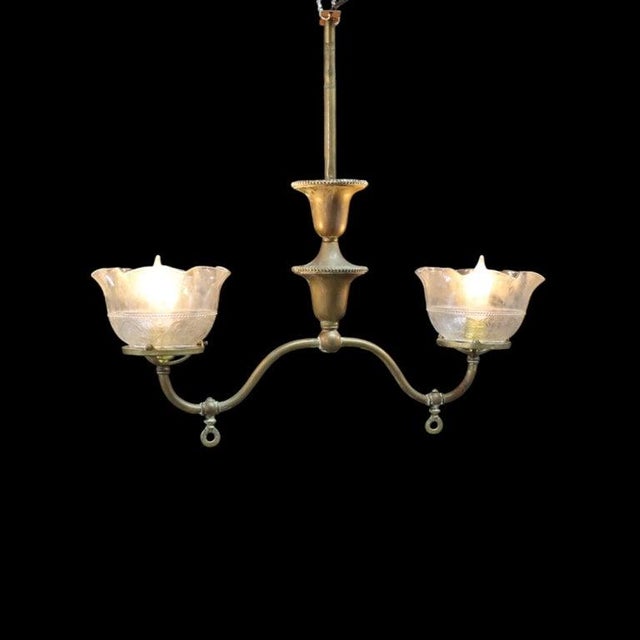 Brass Brass 2-Arm Electrified Gas Chandelier With Pressed Glass Shades C1890 For Sale - Image 8 of 10