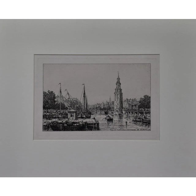 This is a 19th century etching entitled "Tour De Montalban, Amsterdam" (Montalban Tower, Amsterdam) by Maxime Lalanne,...