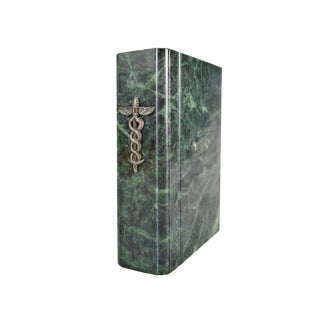 Vintage Medical Caduceus Emblem Heavy Solid Polished Marble Stone Book Shape Bookend For Sale
