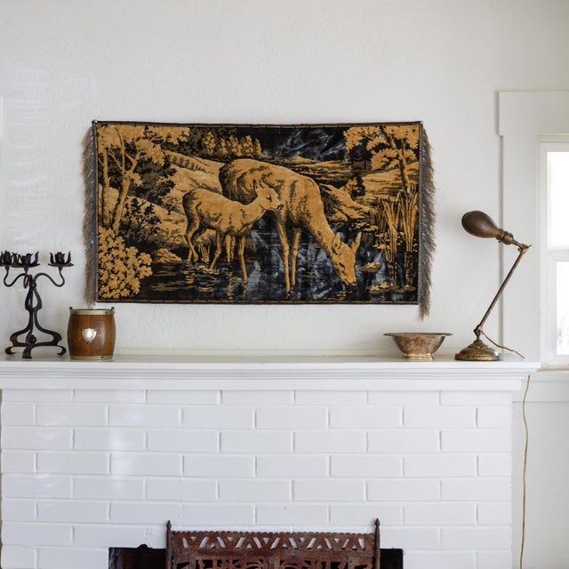 English Belgian Woodland Deer Tapestry in Slate Blue and Taupe With Silk Fringe For Sale - Image 3 of 13