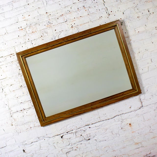 Modern 1974 Modern Wall Mirror by Thomasville Rectangular Oak Frame With Brass Plated Detail For Sale - Image 3 of 18