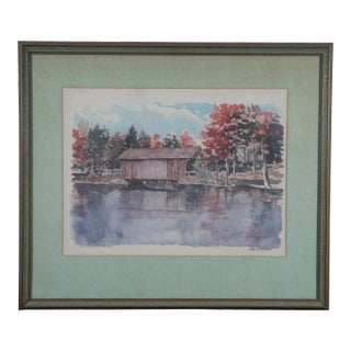 Paul N. Norton Old Covered Bridge Landscape Off Set Lithograph Print 29" For Sale