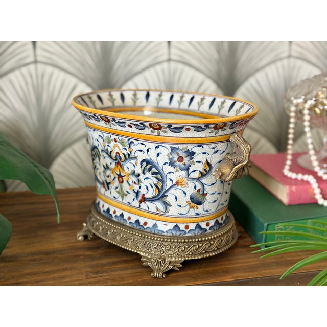 Vintage Porcelain Crackle Glaze Floral Jardinière Brass Ormolu-Style Footed Cachepot Planter Vase For Sale In Los Angeles - Image 6 of 17