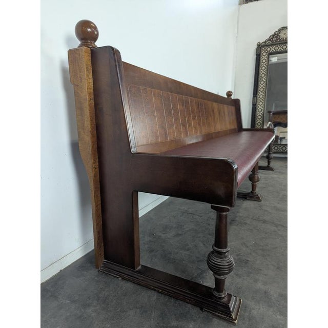 Art Deco Brasserie Bench in Oak and Burl Wood with Burgundy Imitation Leather Seat, 1930s For Sale - Image 6 of 11