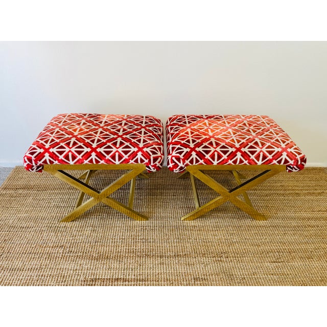 Mastercraft Vintage 1970s Pair of Brass X Base Weiman / Warren Lloyd Mastercraft Geometric Velvet Upholstered Stools Ottomans For Sale - Image 4 of 18