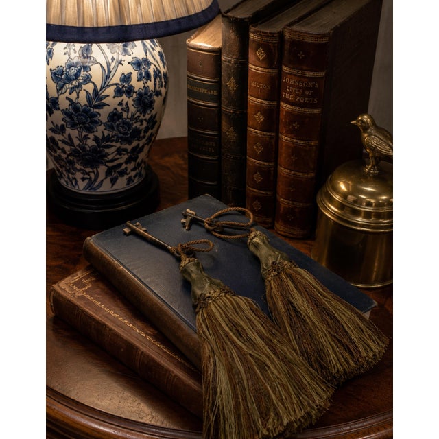 English Pair of 14” Oversized Silk Passementerie Tassels With Antique Keys & Heavy Cast Tops - Grandmillennial, Palm Beach Regency - See Pics! Set #1 For Sale - Image 3 of 4