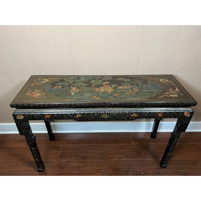 Vintage Chinese Console Table Black Lacquer Chinoiserie Gilt Hand Painted C1950 For Sale - Image 4 of 18