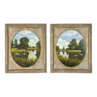 Pair - Ornately framed Oval English River Flower Scenes with Swans, Cows, Sheep 1990 (Circa) For Sale