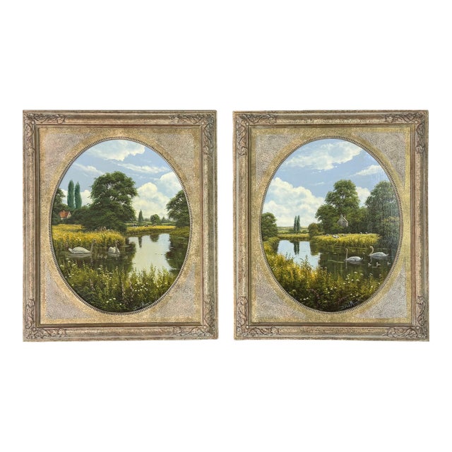 Pair - Ornately framed Oval English River Flower Scenes with Swans, Cows, Sheep 1990 (Circa) For Sale
