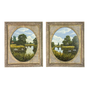Pair - Ornately framed Oval English River Flower Scenes with Swans, Cows, Sheep 1990 (Circa)