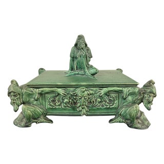 Early 20th Century Atlantic Terracotta Company Arts and Crafts Pottery Lidded Box Gnomes Grotesque For Sale
