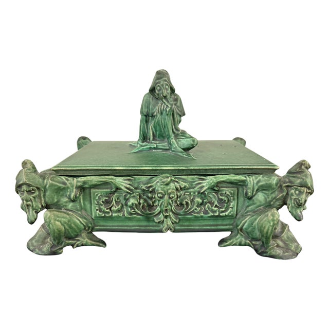 Early 20th Century Atlantic Terracotta Company Arts and Crafts Pottery Lidded Box Gnomes Grotesque For Sale