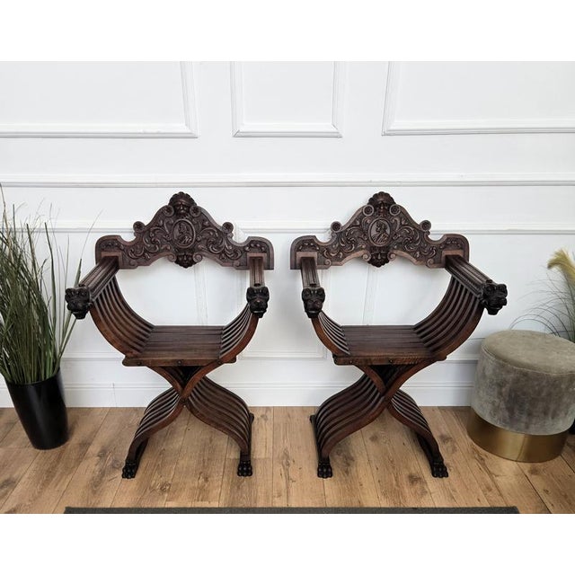 Italian Savonarola Armchairs in Carved Walnut, 1900, Set of 2 For Sale - Image 9 of 12