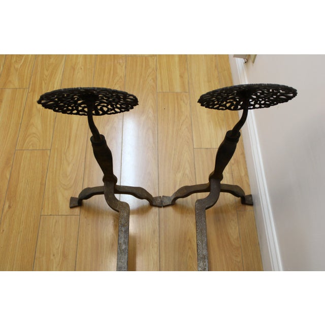Arts & Crafts Style Tulip Design Medallion Cast Iron Andirons For Sale - Image 4 of 9