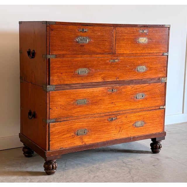 Antique 19th Century Anglo-Indian Two-Part Campaign Chest of Drawers W/ Brass Hardware For Sale In Providence - Image 6 of 18