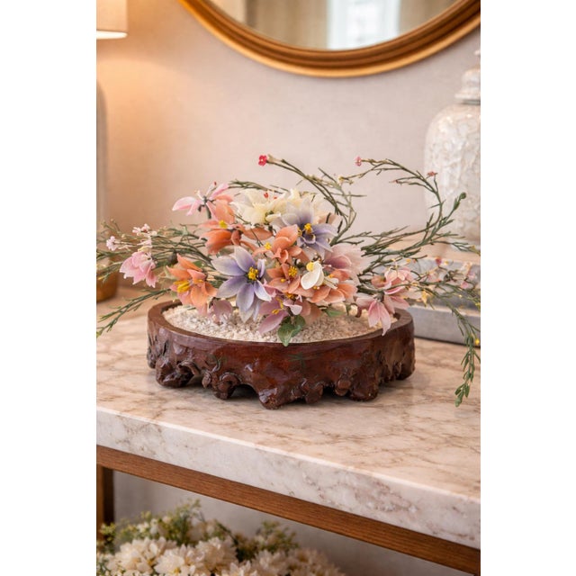 Vintage Chinese Hardstone-Style Floral Centerpiece on Carved Root-Form Base – 20” Wide For Sale - Image 4 of 7