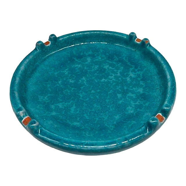 Large Mid-Century Aldo Londi Style Itailian Turqoise Glazed Pottery Ashtray For Sale