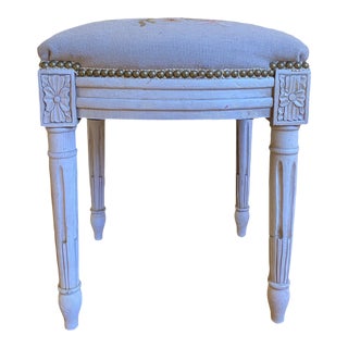 Vintage French Style White Painted Bench/Stool Upholstered in Floral Aubusson For Sale