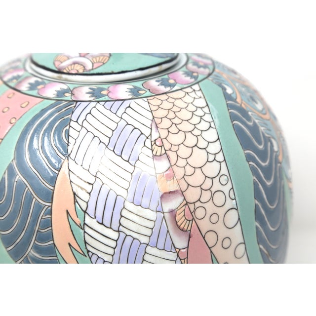 Chinoiserie Pastel Celadon Chinese 10-Inch Ginger Jar With Abstract Chinoiserie Design For Sale - Image 3 of 9
