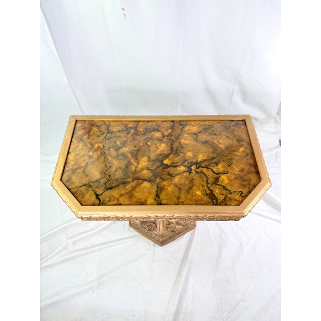 Smallish Hexagon Table From the glamorous days of Hollywood Regency during the 50's and 60's. A reverse painted glass top...