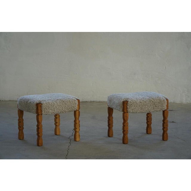 Mid-Century Modern Danish Oak Stools with Lambswool Upholstery from Henning Kjærnulf, 1950s, Set of 2 For Sale - Image 13 of 14