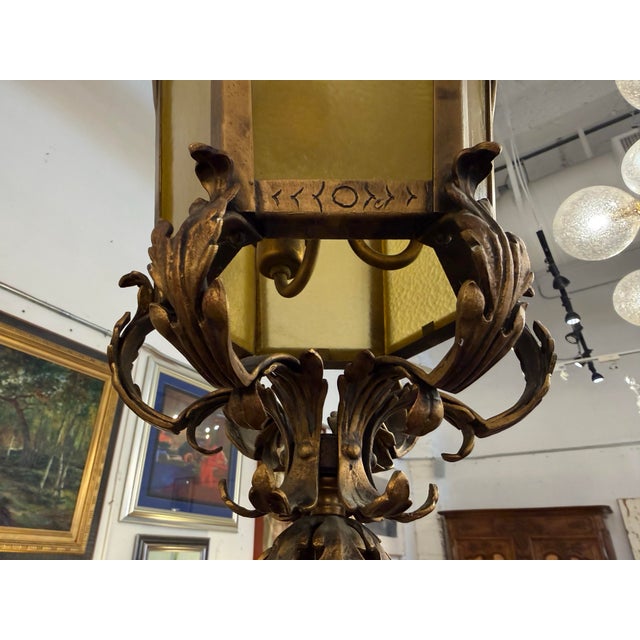 Gothic Revival Style Gilt Metal + Amber Glass Lantern Pendant, Vintage For Sale - Image 9 of 12