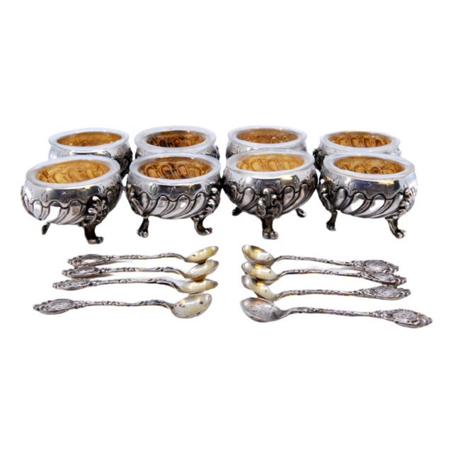 Silver Salt and Pepper Shakers with Glass Cores and Embossed Spoons, Set of 16 For Sale