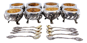 Silver Salt and Pepper Shakers with Glass Cores and Embossed Spoons, Set of 16