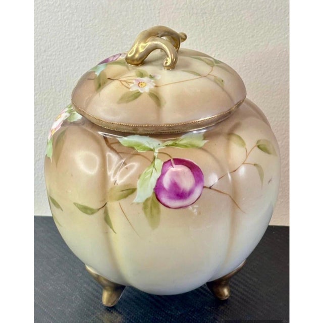 Antique Nippon Biscuit Jar (Hand-Painted Plums, Gilt Trim, C. 1911–1921) For Sale - Image 6 of 8