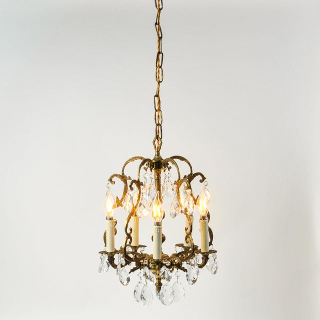 Brass Vintage Petite French Brass and Crystal Chandelier For Sale - Image 8 of 17
