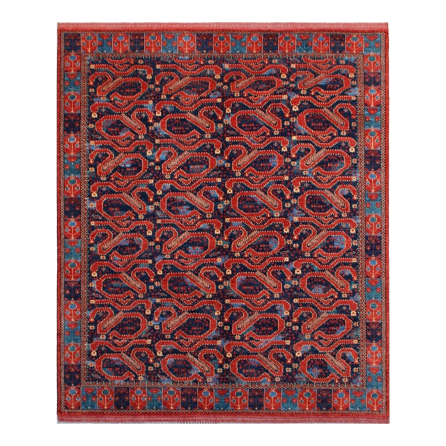 Late 20th Century Hand-Knotted Paisley Tribal Rug – Bold Red & Navy Pattern – 317x250 Cm For Sale