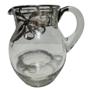 Antique Art Nouveau Silver Overlay Crystal Water Pitcher With Engraved Initials For Sale