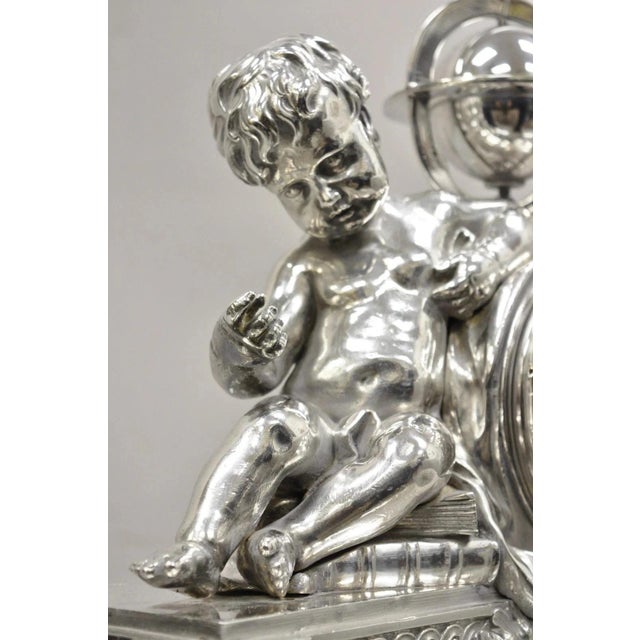 Metal French Louis XV M Franjus Raison & Boyer Silver Plated Bronze Putto Mantel Clock For Sale - Image 7 of 15