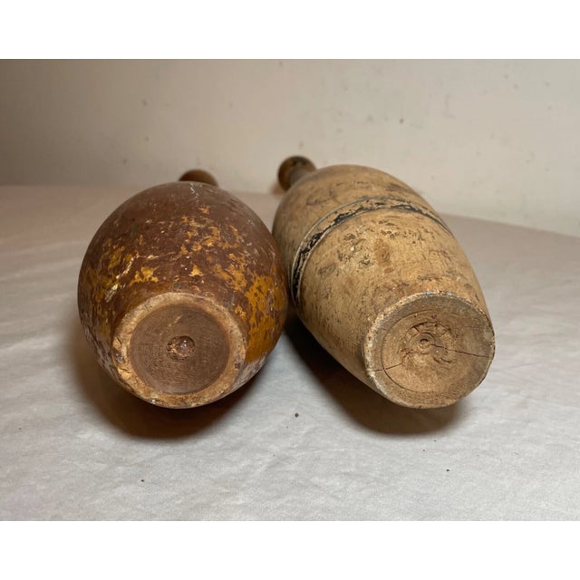 Pair Antique 19th Century Handmade Folk Art Wood Exercise Weight Indian Club Pin For Sale - Image 4 of 8