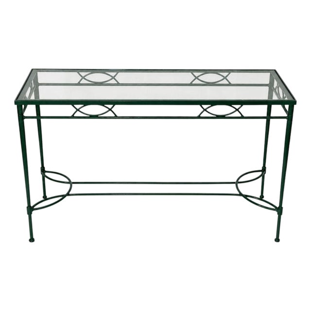 1980s Attributed to Mario Papperzini for Janus Et Cie Green Iron and Glass Console Table For Sale