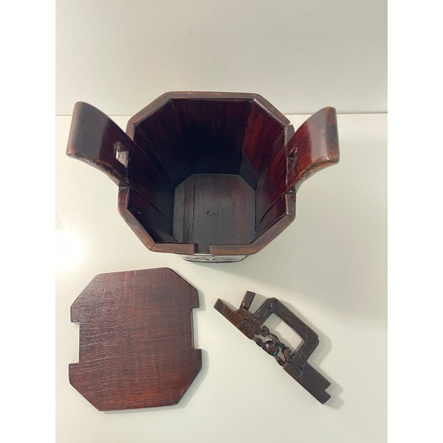 Wood Mid-20th Century Chinese Solid Wood Carved Rice Bucket With Locking Lid For Sale - Image 7 of 11