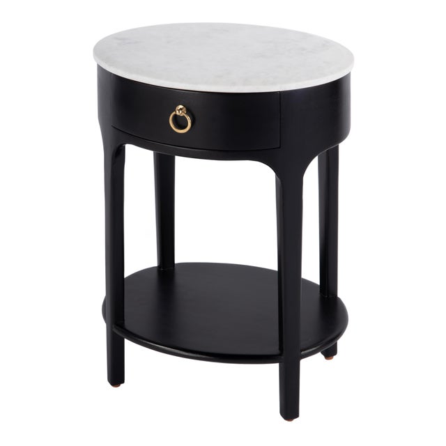 Mid-Century Modern Ellen 18.25 in. W Oval Marble and Wood 1 Drawer Nightstand, Black For Sale - Image 3 of 11